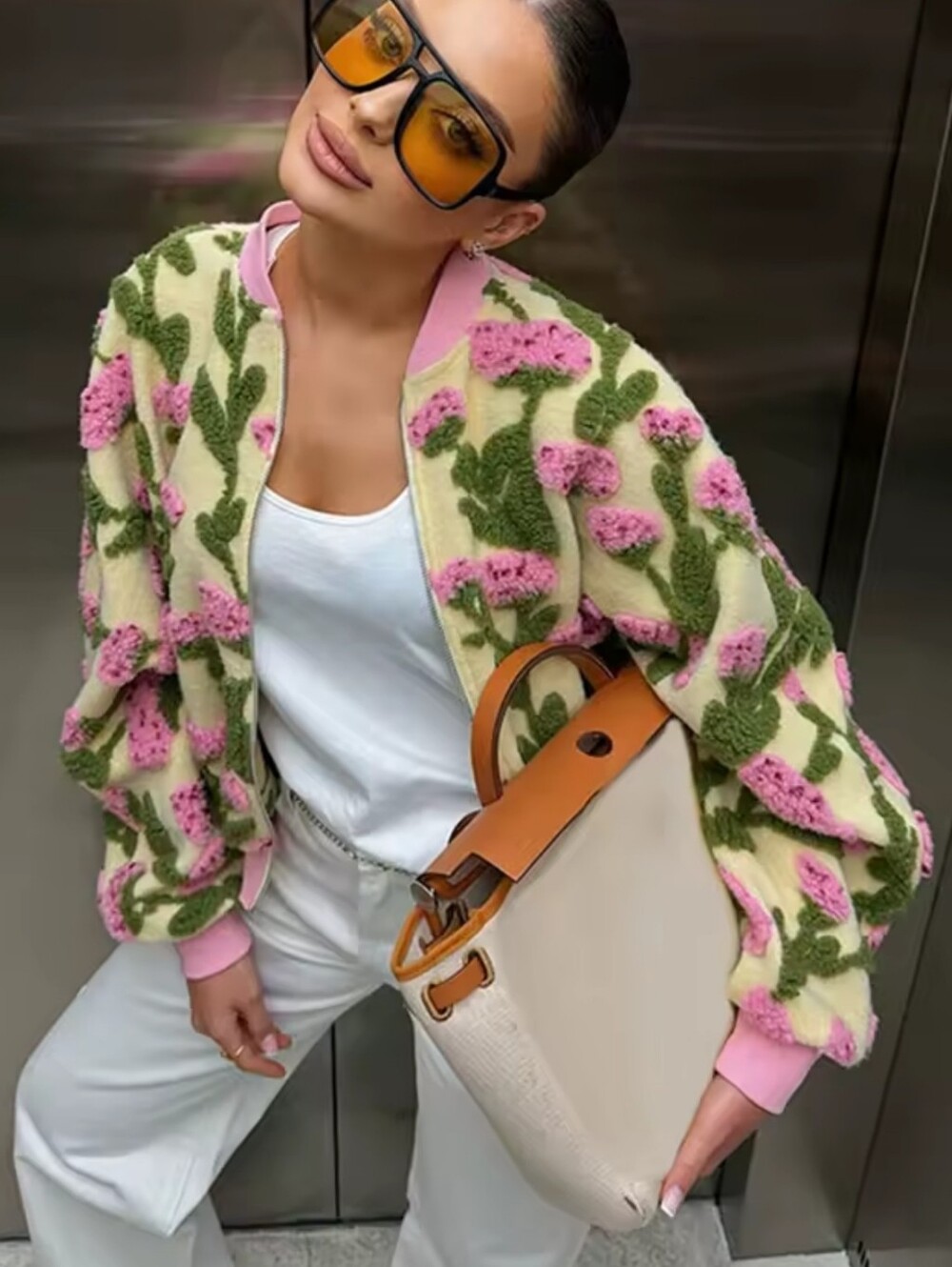 Vintage Women's 3D Floral Embossed Bomber Jacket Coat - Picture 6 of 14